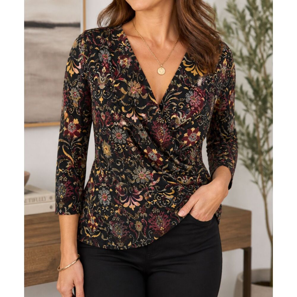 Charter Club Wrap Top Large Black Floral Baroque Stretch V Neck 3/4 Sleeve